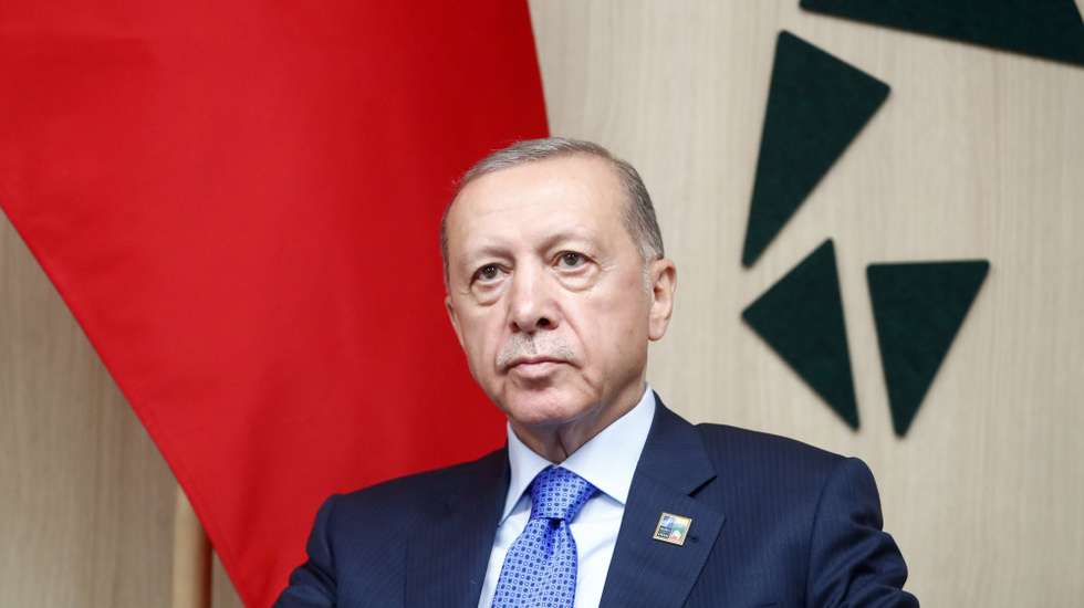 epaselect epa10740131 President of Turkey Recep Tayyip Erdogan looks on during his bilateral meeting with the German Federal Chancellor Olaf Scholz (not pictured) at the NATO ​summit in Vilnius, Lithuania, 11 July 2023. The NATO Summit takes place in Vilnius on 11 and 12 July 2023 with the alliance's leaders expected to adopt new defence plans.  EPA/TOMS KALNINS