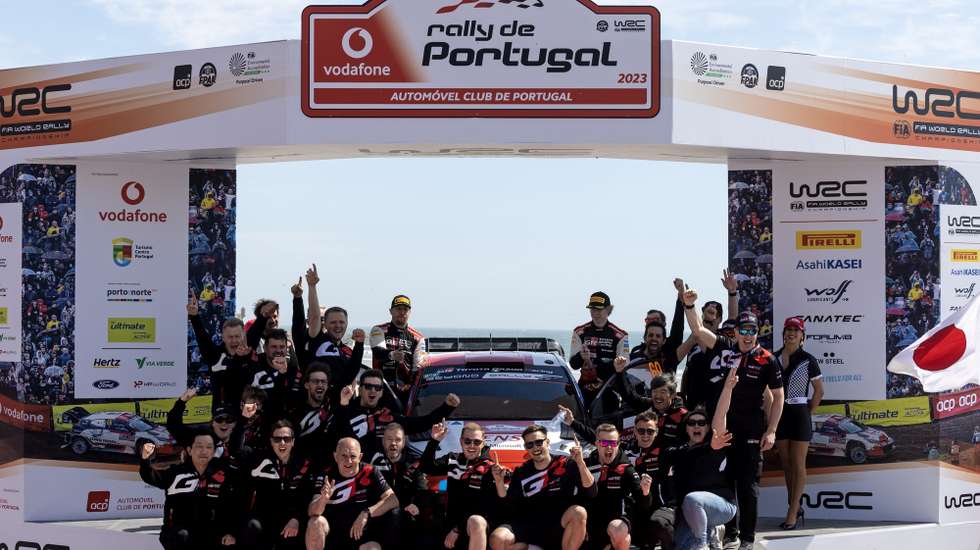 Toyota team celebrate after winning the Rally Portugal 2023 as part of the World Rally Championship (WRC) in Matosinhos, Portugal,, 14 May 2023. JOSE COELHO/LUSA