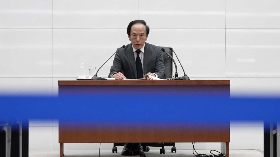 epa11301928 Bank of Japan Governor Kazuo Ueda holds a press conference at the Bank of Japan (BOJ) headquarters in Tokyo, Japan, 26 April 2024. After holding a two-day monetary policy meeting, the Bank of Japan (BOJ) decided to hold steady on its policy rate, a decision triggering a new fall of the yen against the US dollar which traded to 156 yen per the USD.  EPA/FRANCK ROBICHON