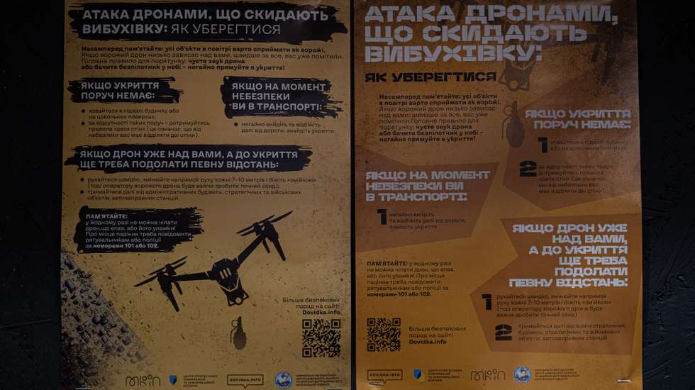 epa11729340 Posters inform civilians about security protocols to follow in case of a drone attack, in Kherson, southern Ukraine, 15 November 2024 (issued 19 November 2024). Ukraine marks 1,000 days on 19 November 2024, since Russia's full-scale invasion. In November 2022, Ukrainian troops entered Kherson after the Russian army withdrew from the city, which they had captured at the start of the invasion in February 2022. Since the summer of 2024, the number of Russian artillery and drone attacks on Kherson has increased. These attacks have involved the selective dropping of shells and mines on streets with civilians.  EPA/MARIA SENOVILLA