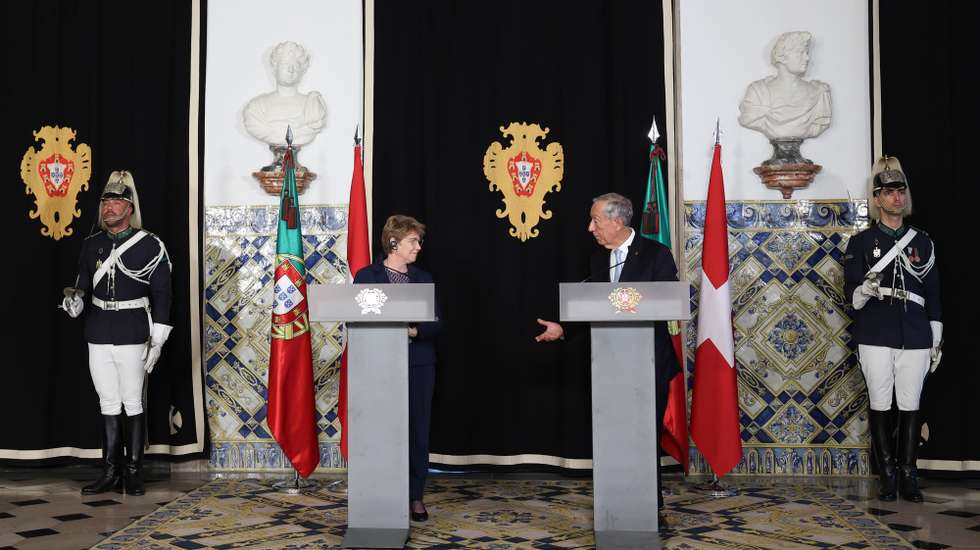 Portugal's President Marcelo Rebelo de Sousa (R) and President of the Swiss Confederation Viola Amherd attend a press conference at Belem Palace, in Lisbon, Portugal, 16 December  2024. Swiss´s President is on an official visit to Portugal.  ANTONIO COTRIM/LUSA