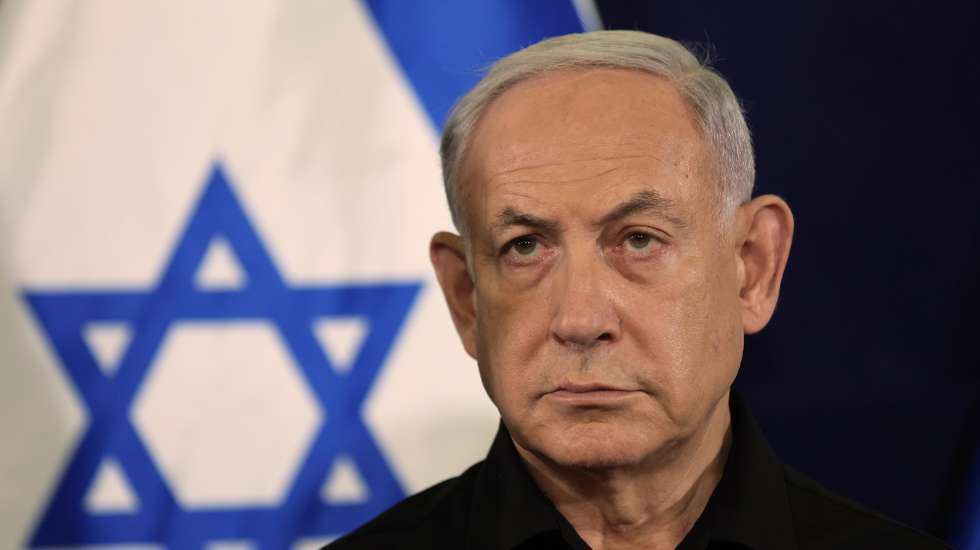 epa10945791 Israel's Prime Minister Benjamin Netanyahu addresses a press conference in The Kirya military base in Tel Aviv, Israel, 28 October 2023.  EPA/ABIR SULTAN / POOL