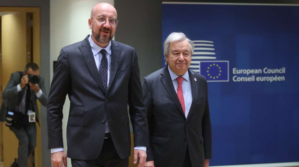 epa11233853 European Council President Charles Michel (L) and United Nations Secretary-General Antonio Guterres during the European Council meeting in Brussels, Belgium, 21 March 2024. EU leaders are expected to address security and defence, continued support to Ukraine and the situation in the Middle-East as well as the EU's enlargement, external relations, migration, agriculture and the European Semester during a two-day summit.  EPA/OLIVIER HOSLET