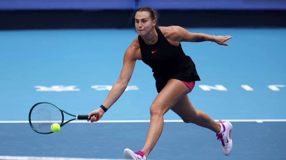 epa11641494 Aryna Sabalenka of Belarus in action during her Women&#039;s Singles quarter-finals match against Karolina Muchova of Czech Republic in the China Open tennis tournament in Beijing, China, 04 October 2024.  EPA/ANDRES MARTINEZ CASARES