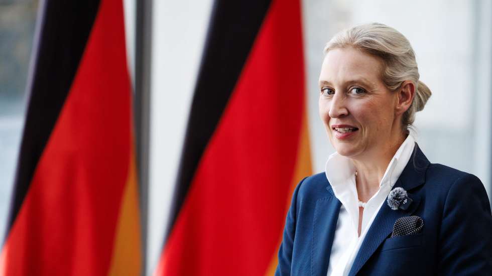 epa13067057 Alternative for Germany (AfD) party and parliamentary group co-chairwoman Alice Weidel speaks during an interview in front of Germany flags during 1st Democracy Congress of the AfD parliamentary group in Berlin, Germany, 26 June 2026.  EPA/CLEMENS BILAN