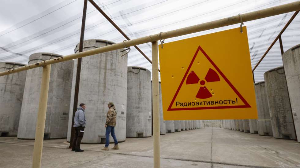 epa10549021 A picture taken during a visit by International Atomic Energy Agency (IAEA) Director-General Rafael Mariano Grossi to Enerhodar organised by the Russian military shows the spent nuclear fuel storage site at Zaporizhzhia Nuclear Power Plant in Enerhodar, southeastern Ukraine, 29 March 2023. According to Ukrainian national nuclear energy company Energoatom, 'Grossi plans to see how the situation at the ZNPP has changed, talk to the staff working there, and act as a guarantor of the rotation of members of the IAEA’s permanent mission, which has been at the ZNPP since September 2022.'  EPA/SERGEI ILNITSKY