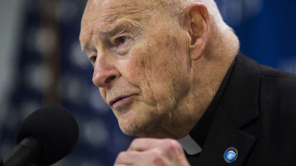 epa07374072 (FILE) - Cardinal Theodore McCarrick speaks at a news conference on 'protecting religious minorities in predominantly Islamic countries', at the National Press Club in Washington, DC, USA, 10 May 2016, (reissued 16 February 2019). Media reports 16 February 2019 state that Pope Francis has expelled Theodore McCarrick, a former cardinal and archbishop of Washington, from the priesthood. The first time that a cardinal or bishop in the United States has been defrocked. US Church officials said allegations he had sexually assaulted a teenager five decades ago were credible.  EPA/JIM LO SCALZO *** Local Caption *** 52746854