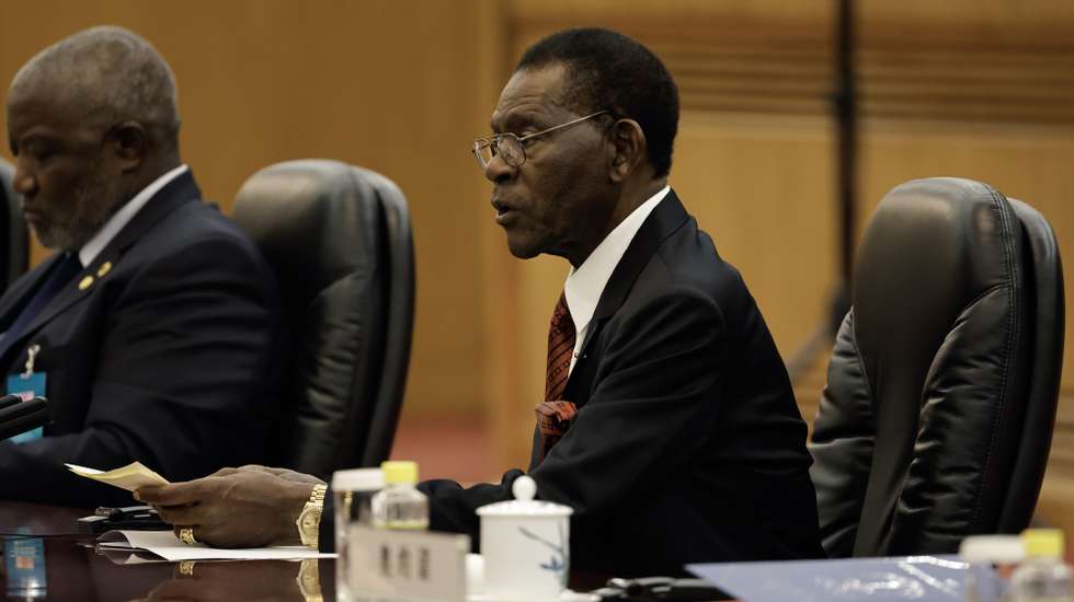 epa11375158 President of Equatorial Guinea Teodoro Obiang Nguema Mbasogo (R) and Chinese President Xi Jinping (not pictured) attend a meeting at the Great Hall of the People in Beijing, China, 28 May 2024.  EPA/TINGSHU WANG / POOL