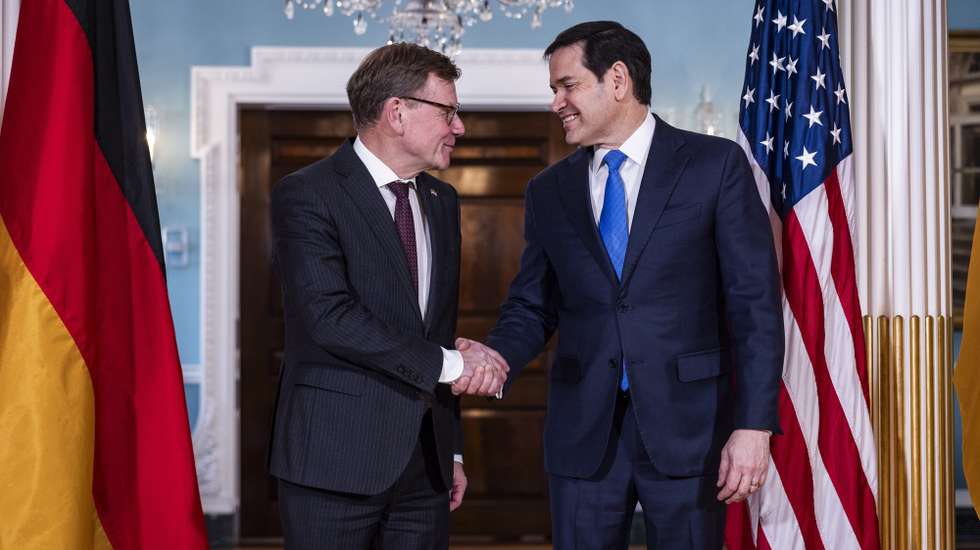 epa12645116 US Secretary of State Marco Rubio (R) poses for a photo op with German Foreign Minister Johann Wadephul (L) ahead of their meeting at the State Department in Washington, DC, USA, 12 January 2026.  EPA/JIM LO SCALZO