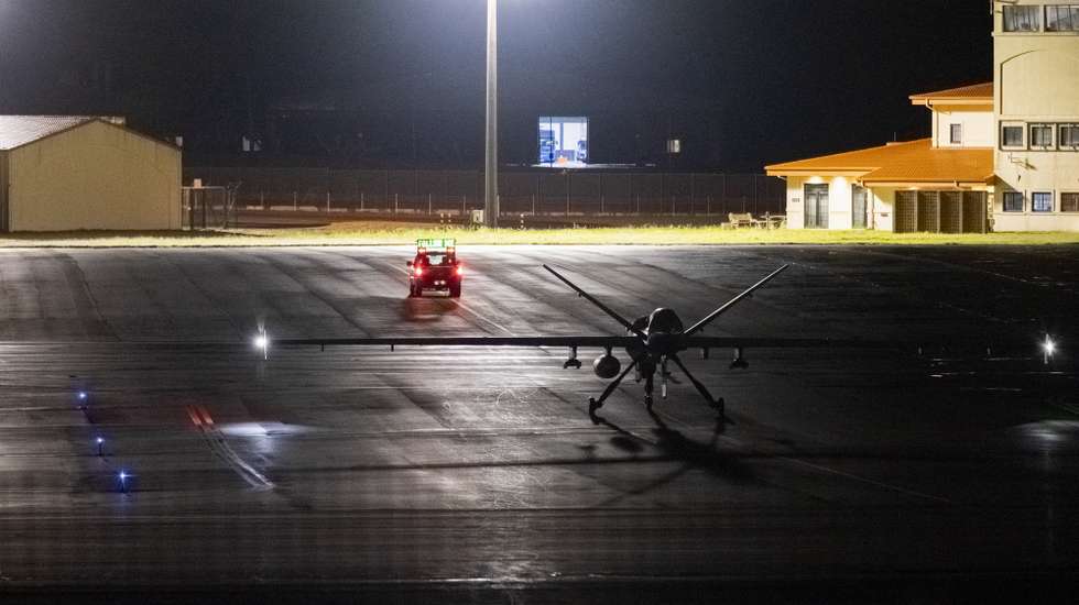 Drone norte-americano MQ-9 Reaper, aeronave militar não tripulada conhecida como "drone assassino" na Base Aérea das Lajes, Praia da Vitória, Terceira, Açores, Portugal. 3 de abril de 2026, ANTÓNIO ARAÚJO/ LUSA