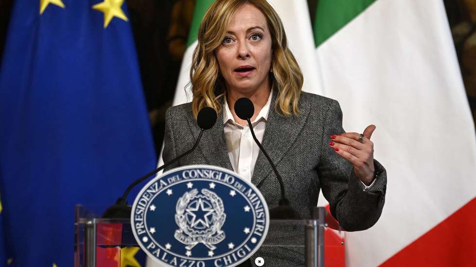 epa10975140 Italian Premier Giorgia Meloni addresses the media during a joint press conference with the Slovenian Premier Robert Golob (unseen) after their meeting at Palazzo Chigi in Rome, Italy, 14 November 2023.  EPA/Riccardo Antimiani