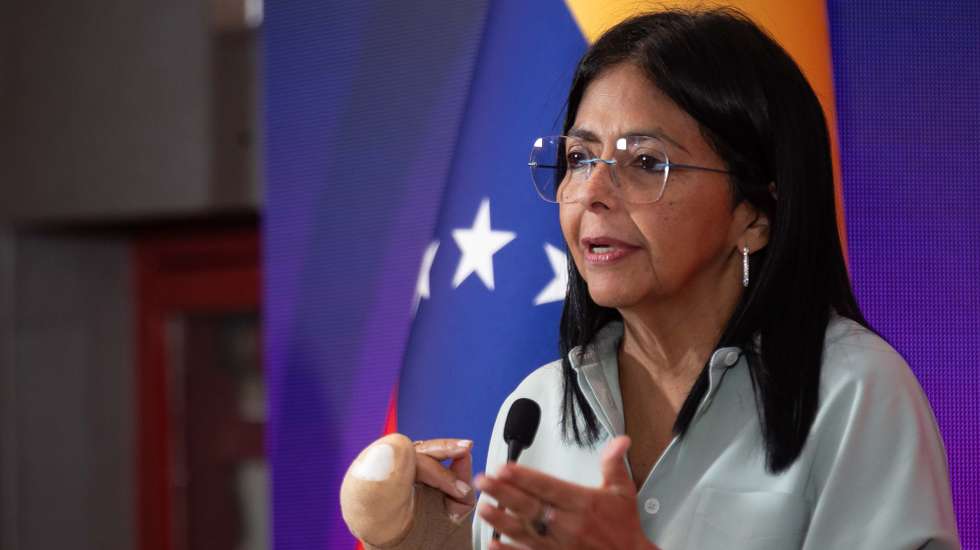 epa12144096 Venezuelan vice-President Delcy Rodriguez speaks during a conference at the Expo Fedeindustria 2025, in Caracas, Venezuela, 29 May 2025.  EPA/Ronald Pena R