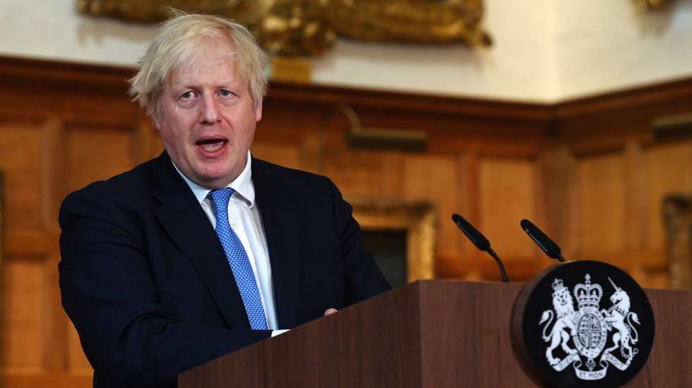 epa09317641 British Prime Minister Boris Johnson speaks during a press conference with German Chancellor Merkel (not pictured) at the Prime Minister's country residence at Chequers, Buckinghamshire, Britain, 02 July 2021. The two nations have agreed a post Brexit joint declaration on foreign and security policy cooperation. The bilateral agreement is the first to be struck between London and Berlin on foreign and security policy issues.  EPA/ANDY RAIN / POOL