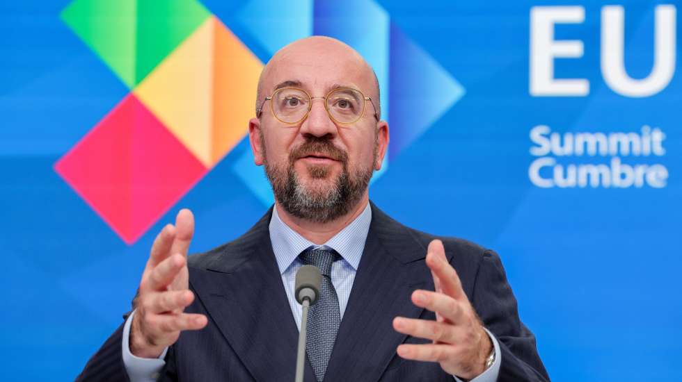 epa10754059 President of the European Council Charles Michel speaks with the press after the EU-CELAC Summit of Heads of State and Government meeting in Brussels, Belgium, 18 July 2023. Leaders from the EU and the Community of Latin American and Caribbean States (CELAC) gather in Brussels for the third EU-CELAC summit from 17-18 July 2023, with the aim to strengthen relations between both regions.  EPA/OLIVIER MATTHYS