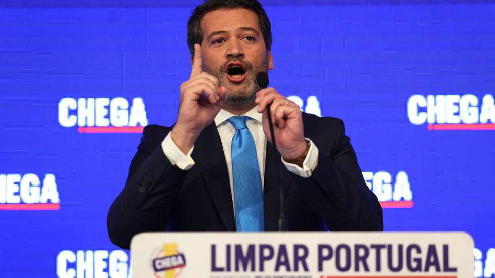 The president of the right-wing Party Chega Andre Ventura holds a press conference during the election night of the legislative elections 2024 at Party headquarters, in Lisbon, Portugal, 10 March 2024. More than 10.8 million Portuguese are expected to vote to elect 230 deputies to the Portuguese Parliament. Eighteen political forces (15 parties and three coalitions) are running in these elections. MIGUEL A. LOPES/LUSA