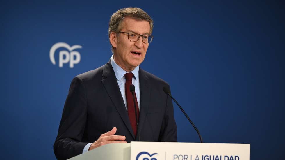 epa11299779 Leader of the Spanish People's Party (PP) Alberto Nunez Feijoo addresses a press conference on the possible resignation of Spain's prime minister at the party's headquarters in Madrid, Spain, 25 April 2024. According to Feijoo, it is an 'unacceptable frivolity' that Sanchez has decided to take 5 days off to think about his resignation, adding that it is an insult to voters. Spain's Prime Minister Pedro Sanchez published on 24 April 2024 on 'X' social media a letter to the citizens in which he explains he would be taking some days off to think about resignation after it was announced that his wife, Begona Gomez, was to be investigated after right wing union 'Manos Limpias' filed a complaint against her. Sanchez blames a political 'harassment and bullying operation by land, air and sea' to cause his 'personal and political collapse' by attacking his wife. In the letter he announces he will communicate his decision next 29 April 2024.  EPA/FERNANDO VILLAR
