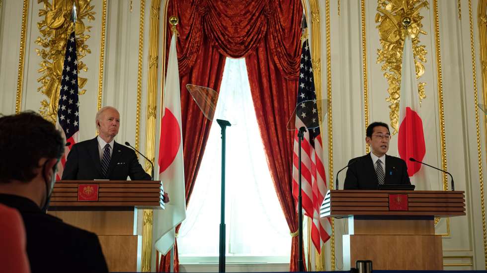 epa09968167 US President Joe Biden (L) and Japanese Prime Minister Fumio Kishida (R) attend a joint press conference at Akasaka Guest House in Tokyo, Japan, 23 May 2022. The US president is in Japan on a three-day visit after a trip to South Korea.  EPA/NICOLAS DATICHE / POOL