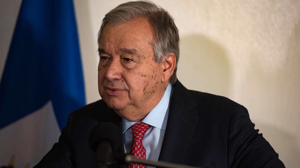 epa10721664 The UN Secretary General, Antonio Guterres, speaks at a press conference during his visit to the country, in Port-au-Prince, Haiti, 01 July 2023. The Secretary General of the UN, AntÃ³nio Guterres, arrived this 01 July in the capital of Haiti for a visit in which he will meet with his Prime Minister, Ariel Henry, and will demand the support of the international community for the country in the serious crisis it is going through, according to the organization.  EPA/Johnson Sabin