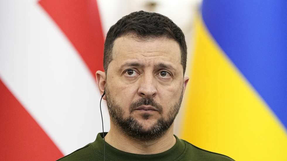 epa11174893 Ukrainian President Volodymyr Zelensky attends a a joint press conference with the Danish prime minister after their meeting at Potocki Palace in Lviv, Ukraine, 23 February 2024. The Danish prime minister and the Danish defense minister announced in a press conference on 22 February that Denmark's is entering a ten-year agreement with Ukraine on continued military support and the security situation in Europe.  EPA/Mads Claus Rasmussen  DENMARK OUT