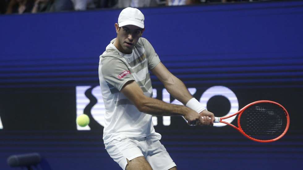epa12508233 Nuno Borges of Portugal in action against Novak Djokovic of Serbia (not pictured) during the Hellenic Championship ATP 250, in Athens, Greece, 06 November 2025.  EPA/YANNIS KOLESIDIS