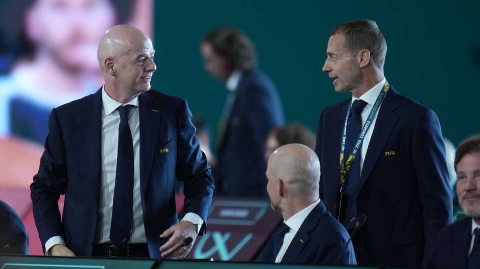 epa12924687 FIFA President Gianni Infantino (L) and UEFA President Aleksander Ceferin attend the 76th FIFA Congress 2026 in Vancouver, Canada, 30 April 2026.  EPA/BOB FRID