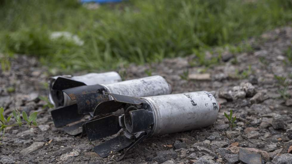 epa09940625 Cluster bomb submunition in Slatino village in Kharkiv region, Ukraine, 11 May 2022. The Ministry of Defence of Ukraine announced on 10 May that Ukrainian troops had recaptured villages north and northeast of Kharkiv from Russian forces and pushed them back to the border. On 24 February, Russian troops had entered Ukrainian territory in what the Russian president declared a 'special military operation.'  EPA/MARIA SENOVILLA