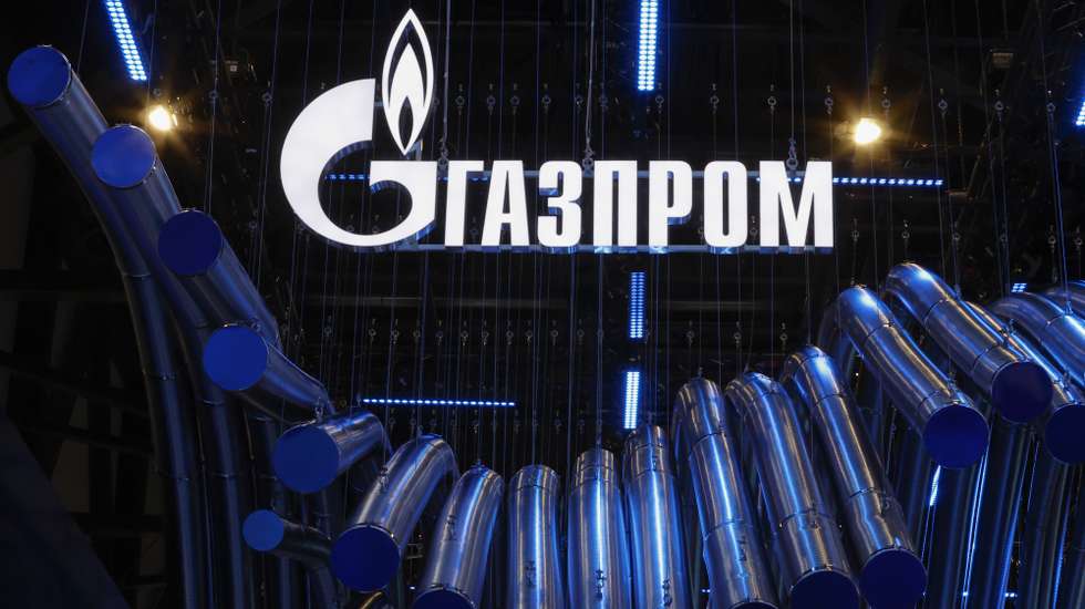 epa12186790 Russian energy giant Gazprom logo is seen at the 28th St. Petersburg International Economic Forum (SPIEF) in St. Petersburg, Russia, 20 June 2025. The forum runs from 18 to 21 June 2025.  EPA/ANATOLY MALTSEV
