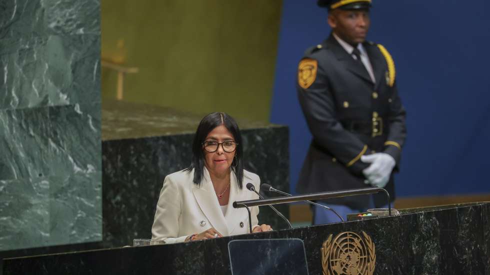 epa13258854 Acting President of Venezuela Delcy Eloina Rodriguez Gomez speaks during the General Debate of the 81st session of the United Nations General Assembly at United Nations Headquarters in New York, New York, USA, 23 September 2026.  EPA/SARAH YENESEL