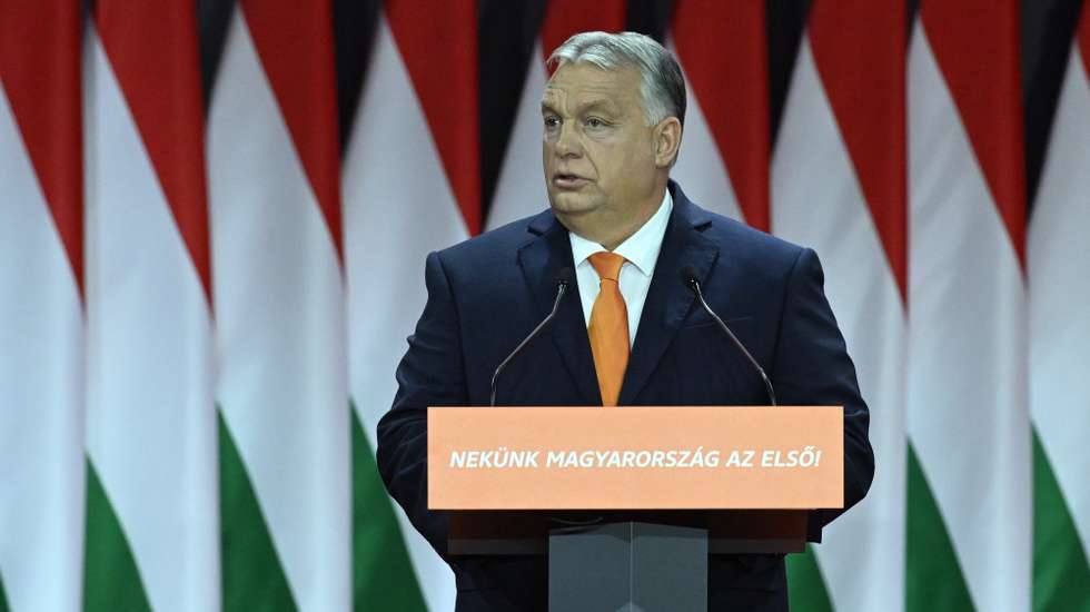 epa10983028 Hungarian Prime Minister Viktor Orban delivers his speech after he was re-elected as party president at the election of officials congress of the ruling Hungarian Fidesz party, during the 30th congress of Fidesz in Budapest, Hungary, 18 November 2023.  EPA/Szilard Koszticsak HUNGARY OUT