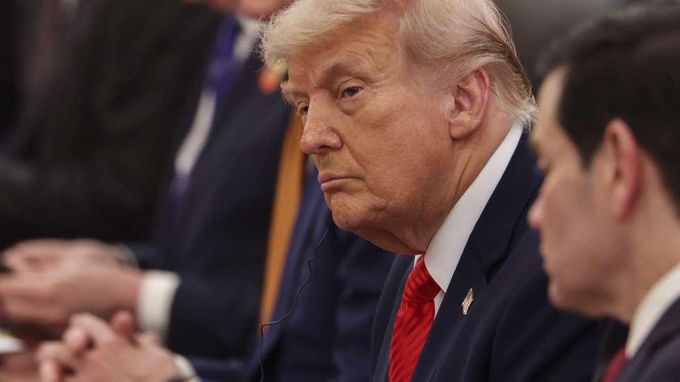 epa12955538 U.S. President Donald Trump (C), seated next to U.S. Secretary of State Marco Rubio (R), attends a bilateral meeting with Chinese President Xi Jinping (not pictured) at the Great Hall of the People in Beijing, China, 14 May 2026.  EPA/Maxim Shemetov / POOL