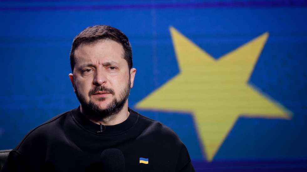 epa11037496 Ukrainian President Volodymyr Zelensky responds to questions from journalists during a press conference in Kyiv (Kiev), Ukraine, 19 December 2023. Zelensky spoke with the media during his year-end press conference amid the Russian invasion.  EPA/SERGEY DOLZHENKO