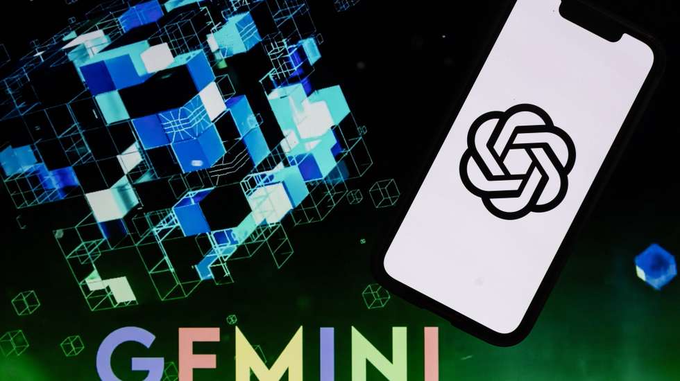 epa10855388 An illustration picture shows a mobile phone displaying the logo of Open AI and Microsoft Corporation’s Chat GPT over a screen displaying the Google Gemini letters, in Los Angeles, USA, 11 September 2023. Semiconductor research company, SemiAnalysis, estimates in a recent publication on their online platform that the Google AI, GEMINI, would be five times more powerful than Open AI and Microsoft Chat GPT.  EPA/ETIENNE LAURENT