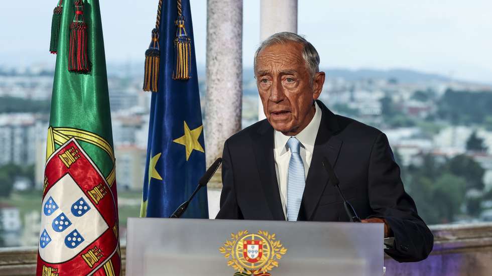 O Presidente da República, Marcelo Rebelo de Sousa, faz uma declaração propósito das eleições europeias feita em direto no Castelo de Leiria, no âmbito das Comemorações do 10 de Junho, Dia de Portugal, de Camões e das Comunidades Portuguesas, Leiria, 8 de junho de 2024. PAULO NOVAIS/LUSA/POOL