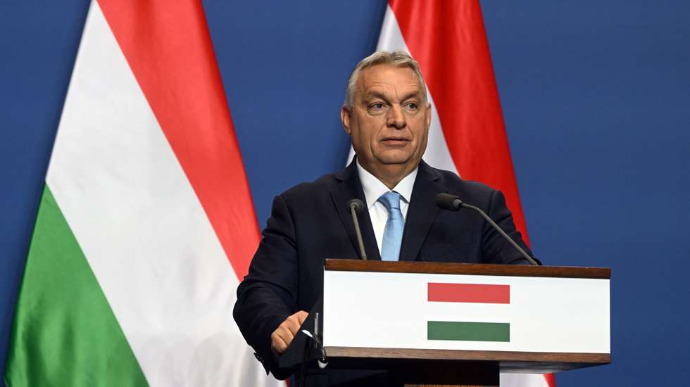 epa11890379 Hungarian Prime Minister and leader of the ruling Fidesz party Viktor Orban attends a press conference following a meeting with Co-chairwoman and chancellor candidate of the Alternative for Germany (AfD) party Alice Weidel in the government headquarters in Budapest, Hungary, 12 February 2025.  EPA/SZILARD KOSZTICSAK HUNGARY OUT