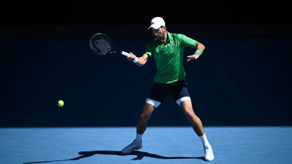 epa12669469 Novak Djokovic of Serbia in action during the men's second round match against Francesco Maestrelli of Italy on day 5 of the 2026 Australian Open tennis tournament at Melbourne Park in Melbourne, Australia, 22 January 2026.  EPA/JOEL CARRETT AUSTRALIA AND NEW ZEALAND OUT