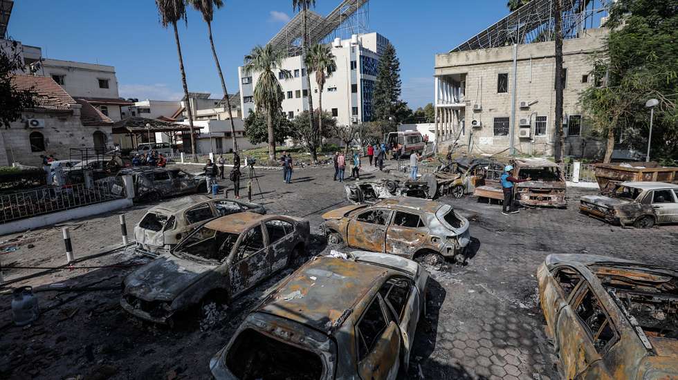 epa10962803 The scene at Al Ahli hospital in Gaza 18 October 2023 following an exposion. According to Palestinian authorities in Gaza hundreds of people have been killed in an explosion the hospital in Gaza on 17 October. (Issued 07 November 2023). 07 November 2023, marks one month since Hamas militants launched an attack against Israel from the Gaza Strip, which was followed by Israeli operations in Gaza and the West Bank. More than 10,000 Palestinians and at least 1,400 Israelis have been killed and more than 200 others were taken hostage by Hamas militants, according to the Palestinian health authority and  the Israel Defense Forces (IDF).  EPA/MOHAMMED SABER  ATTENTION: This Image is part of a PHOTO SET