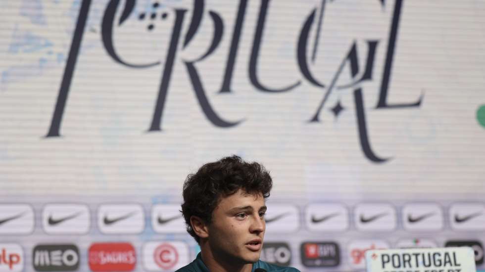 Portugal soccer player João Neves, speaks during a press conference prior to Portugal soccer matches against Poland and Scotland for UEFA Nations League. Oeiras, Portugal, 8 of October 2024. MIGUEL A. LOPES/LUSA