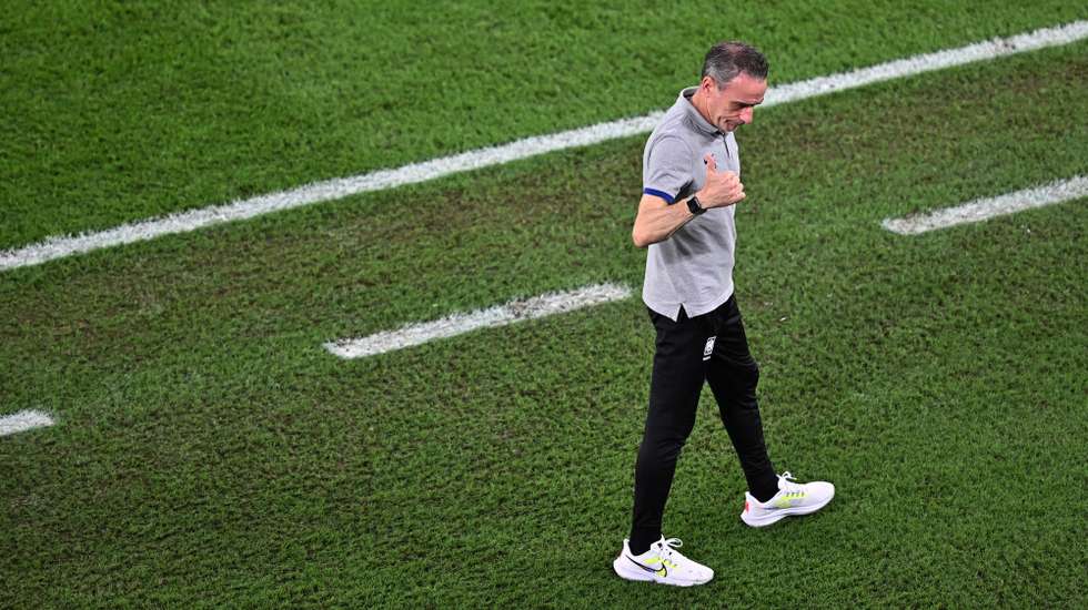 epa10350757 Head coach of South Korea Paulo Bento gestures during the FIFA World Cup 2022 round of 16 soccer match between Brazil and South Korea at Stadium 974 in Doha, Qatar, 05 December 2022.  EPA/Noushad Thekkayil