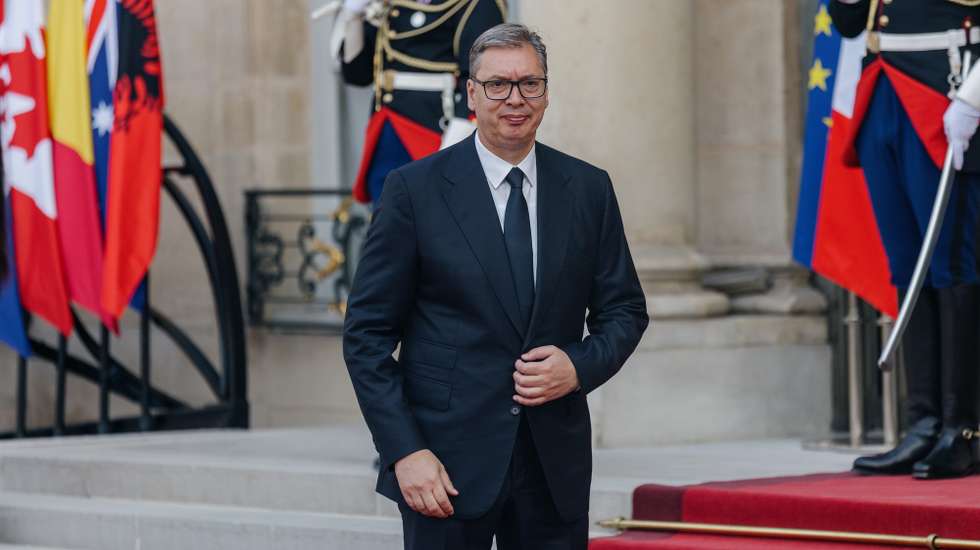 epa13109474 Aleksandar Vucic, President of Serbia, arrives for a dinner at the Elysee Palace for Heads of State and Government of the Volunteer Coalition on the eve of the Bastille Day parade, Paris, France, 13 July 2026.  EPA/VALENTINA CAMU