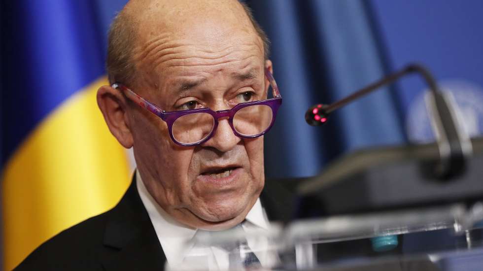 epa09724824 Jean-Yves Le Drian, French Minister for Europe and Foreign Affairs, accompanied by the Romanian Foreign Minister, delivers a speech during a common statement that followed their B9 meeting held at Foreign Ministry headquarters in Bucharest, Romania, 03 February 2022. Le Drian is on a two days official visit to Romania, to join Bucharest Format (B9) Summit, organized at the initiative of Romania and with the participation by video-conference of other foreign ministers. The Bucharest Summit (B9) is an initiative launched by Romania with the participation of NATO member states foreign ministers on the Eastern Flank of the Alliance: Bulgaria, Czech Republic, Estonia, Latvia, Lithuania, Poland, Romania, Slovakia and Hungary, having as guests France and Ukraine. The B9 hybrid meeting was set to discuss the security of the eastern flank of the European Union and NATO in the light of the tensed situation between the Russian Federation and Ukraine, having as one of the primary objectives the de-escalating of the the tension. The first B9 Summit was held in Bucharest in November 2015.  EPA/ROBERT GHEMENT