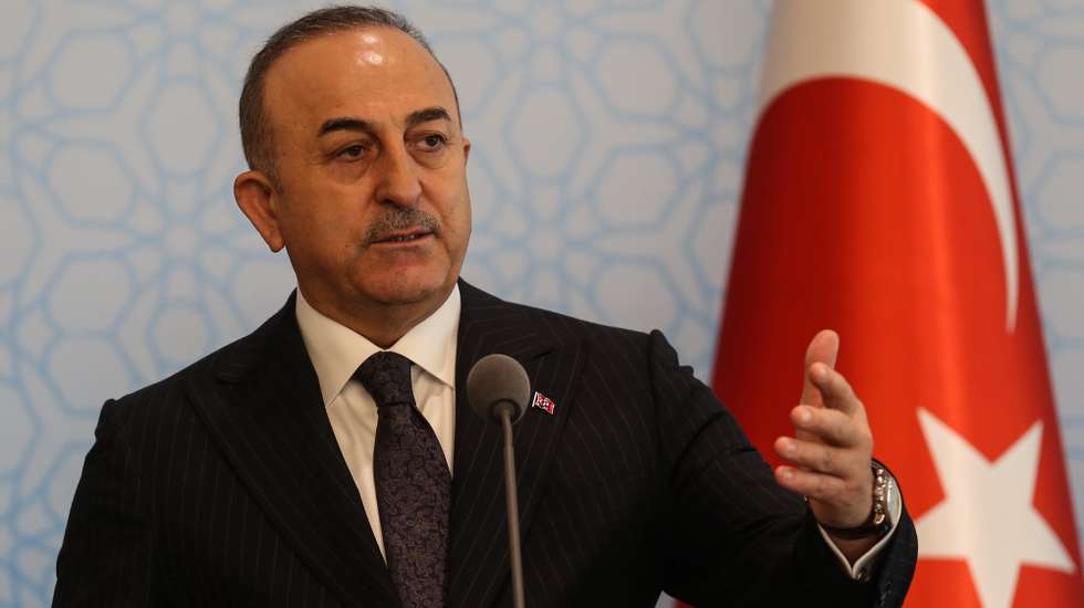 epa10563073 Turkey's Foreign Minister Mevlut Cavusoglu and Russian Foreign Minister Sergei Lavrov (not seen)  attend their press conference at the Turkish Presidential Palace in Ankara, Turkey, 07 April 2023.  EPA/NECATI SAVAS