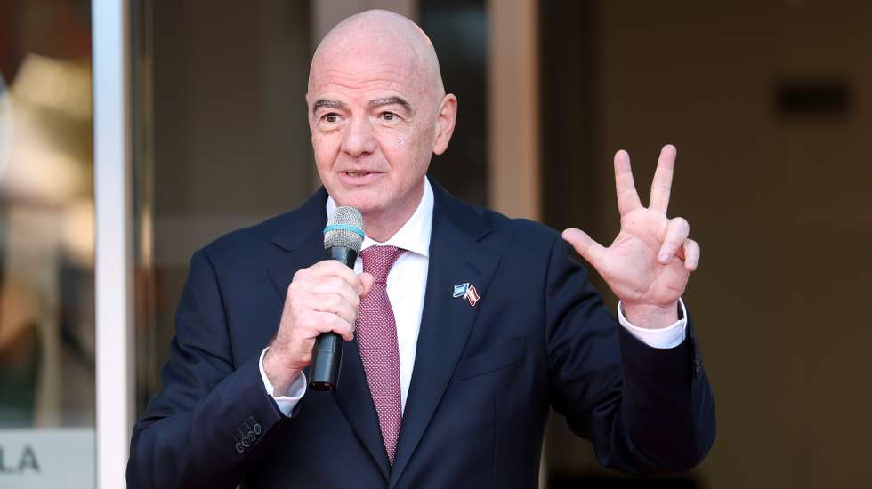 epa13268933 FIFA President Gianni Infantino speaks during the opening of new offices at the Latvian Football Association  in Riga, Latvia, 28 September 2026. During his visit to Latvia, Gianni Infantino met Latvian officials and discussed Latvia's long-term plan to bid for hosting the FIFA U-20 World Cup together with Ukraine in the future, the development of football infrastructure, and the economic impact of major international sports events on Latvia.  EPA/TOMS KALNINS