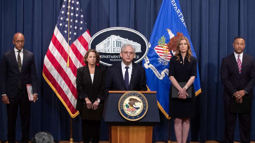 epa10708400 (L-R) US Attorney for the Southern District of New York Damian Williams, Deputy Attorney General Lisa Monaco, US Attorney General Merrick Garland, Administrator of the US Drug Enforcement Administration (DEA) Anne Milgram and US Attorney for the Eastern District of New York Breon Peace participate in a news conference to announce actions to disrupt the fentanyl precursor supply chain, at the Justice Department in Washington, DC, USA, 23 June 2023. The Justice Department announced the arrest of two individuals and the unsealing of indictments charging companies based in China and their employees with crimes related to fentanyl production, distribution, and sales resulting from precursor chemicals.  EPA/MICHAEL REYNOLDS
