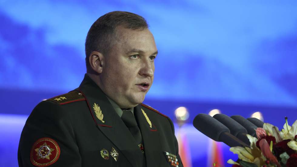epa10948570 Belarusian Defense Minister Viktor Khrenin speaks at the Beijing Xiangshan Forum in Beijing, China, 30 October 2023.  EPA/FLORENCE LO/POOL