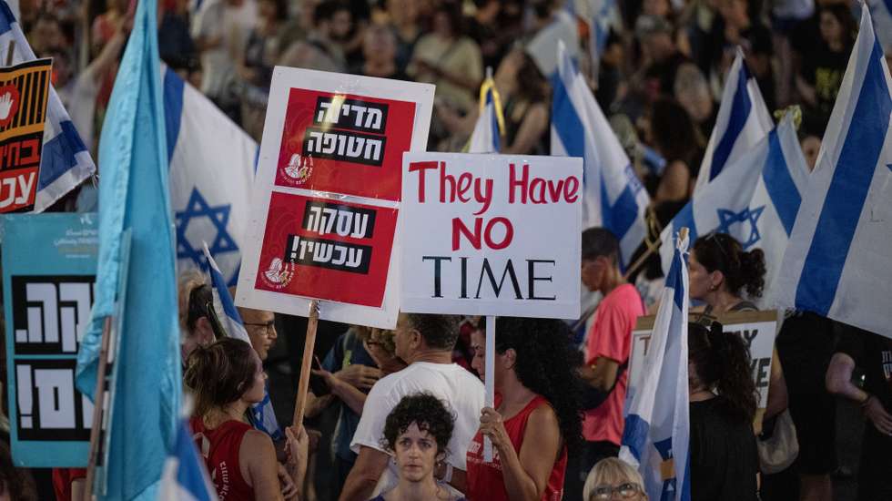 epa11543785 Israelis demonstrate in Tel Aviv calling for the immediate release of Israeli hostages held by Hamas in Gaza, and for the government to be replaced now, 10 August 2024.  EPA/STR