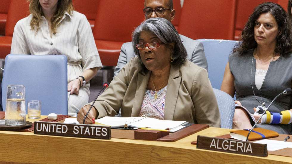 epa11481757 United States Ambassador to the United Nations Linda Thomas-Greenfield speaks during a Security Council meeting at United Nations headquarters in New York, New York, USA, 16 July 2024.  Russian Foreign Minister Lavrov chairs the Security Council meeting on behalf of the Russian Federation, which assumed the presidency on 1 July 2024.  EPA/SARAH YENESEL