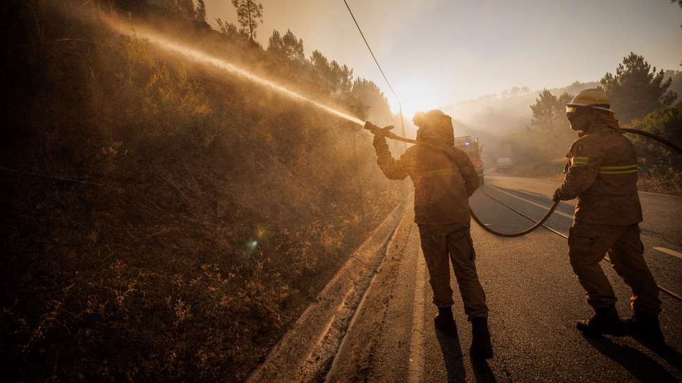 Bombeiros combatem um incêndio em Sabrosa, Vila Real, 16 de julho de 2025. O vento forte e irregular que provoca várias projeções está a dificultar o combate ao incêndio que lavra em Souto Maior, Sabrosa, e que pelas 20:30 mobilizava 292 operacionais, 88 meios terrestres e 7 meios aéreos, segundo a página da ANEPC - Autoridade Nacional de Emergência e Proteção Civil. PEDRO SARMENTO COSTA/LUSA