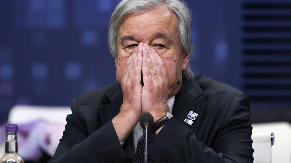 epa10954707 United Nations (UN) Secretary-General Antonio Guterres reacts ahead of a plenary session on day two of the AI Safety Summit 2023 at Bletchley Park, Milton Keynes, Britain, 02 November 2023. The summit, organised by the UK Government, considers the risks of AI and how they can be mitigated through internationally coordinated action, and is running from 01 to 02 November 2023.  EPA/CHRIS J. RATCLIFFE / POOL