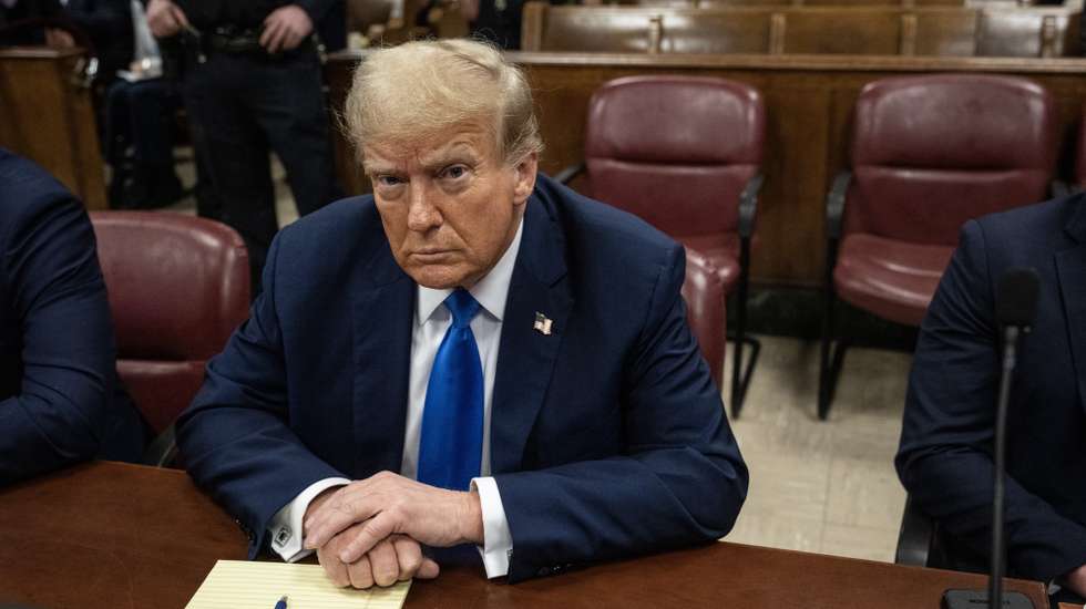 epa11294019 Former US President and current Republican presidential candidate Donald Trump awaits the start of proceedings at Manhattan Criminal Court in New York, New York, USA, 22 April 2024. Trump is facing 34 felony counts of falsifying business records related to payments made to adult film star Stormy Daniels during his 2016 presidential campaign.  EPA/VICTOR J. BLUE / POOL