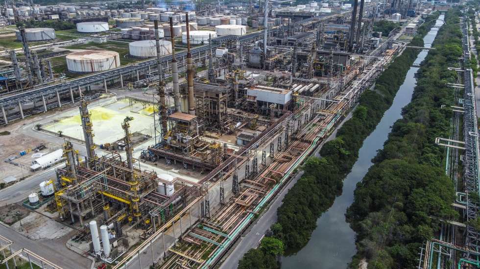 epa09496218 An aerial picture taken with a drone showing the Petrobras refinery in Duque de Caxias (REDUC), in Rio de Janeiro, Brazil, 29 September 2021. The Petrobras company confirmed on 29 September that it readjusted diesel prices at refineries by 8.89 percent with immediate effect.  EPA/ANDRE COELHO